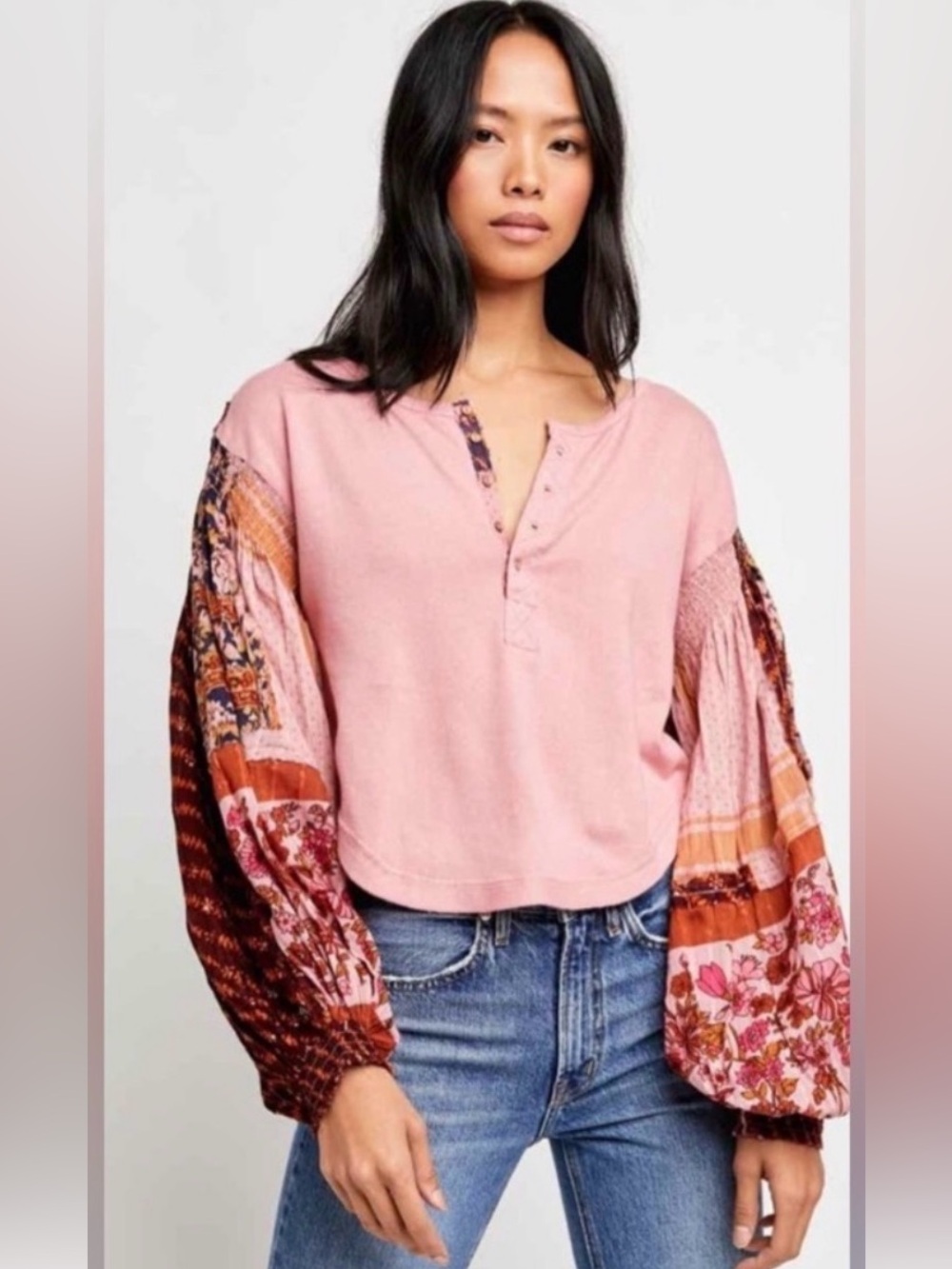 Free People Women's Pink Light Magic Henley Top w Patterned Balloon Sleeves sz M